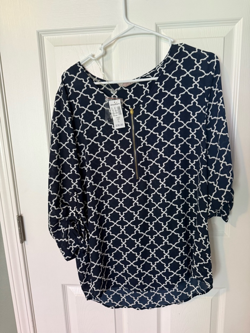 dressbarn Navy and White Geometric Zip-Front Blouse